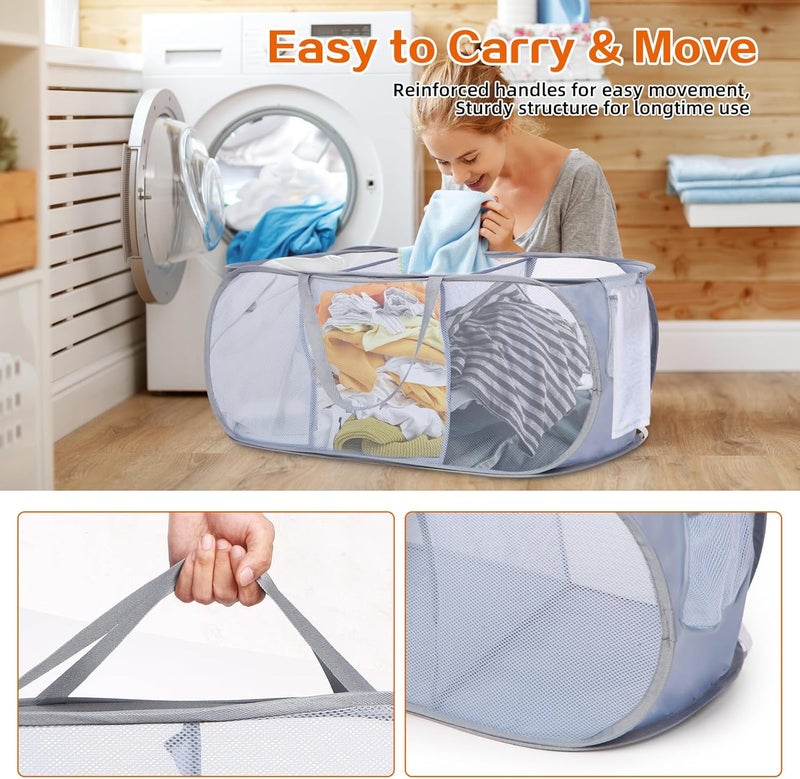 Bemkoo Durable Collapsible Foldable Pop Up Laundry Hamper, Sturdy 3 Compartments, Handy Pocket & Easy to Sort Clothes Hampers for Dorm, Kids Room, Travel - Grey - Image 5